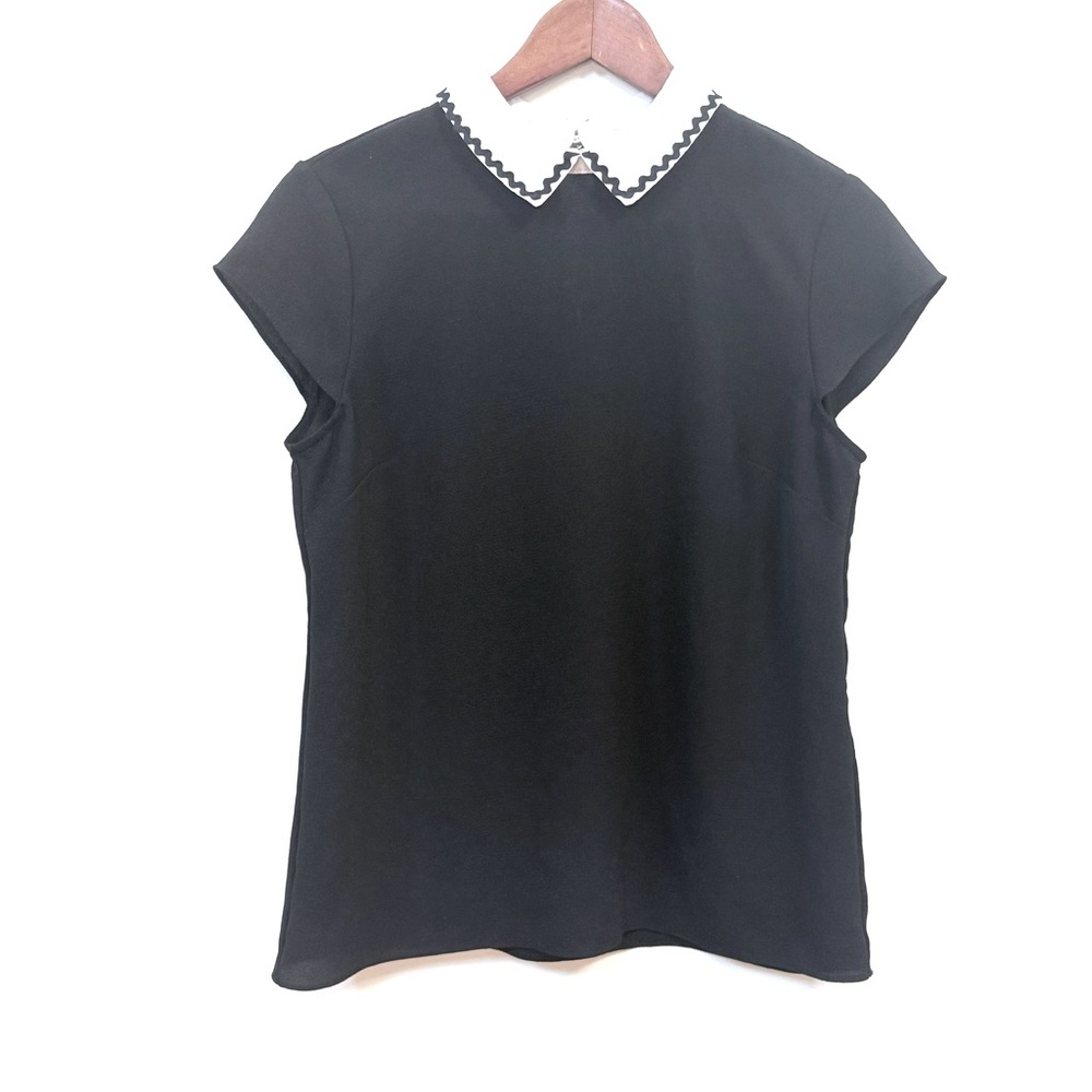CECE Black Blouse Scallop Trim Contrast Collar Size Small